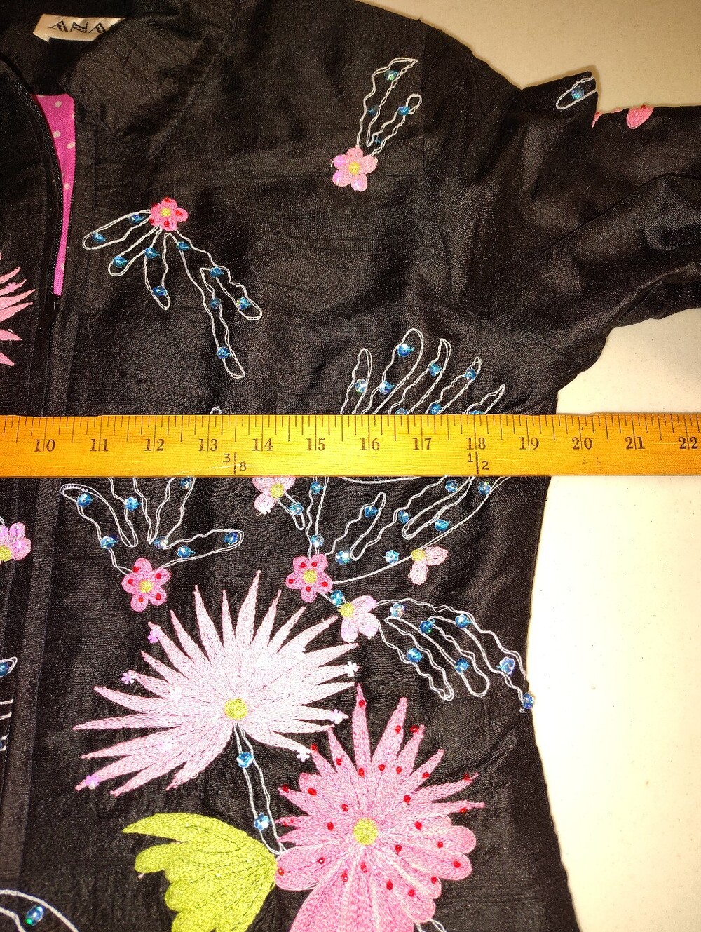 ANAGE 100% Silk Embroidered Floral Zip Jacket - Small - Black/Pink Boho Luxe - Picture 8 of 13
